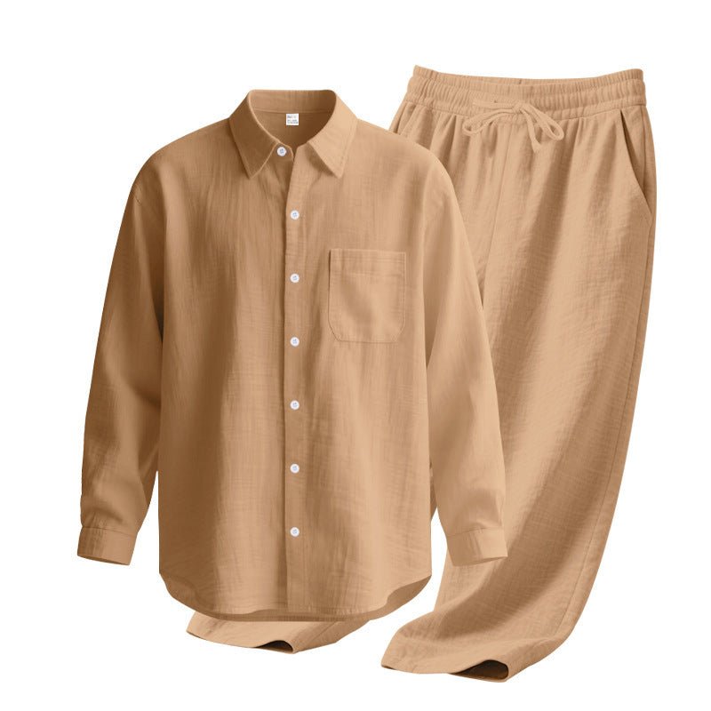 Linen solid color lapel buckle casual long sleeved pants men's suit - UrbanNest Co