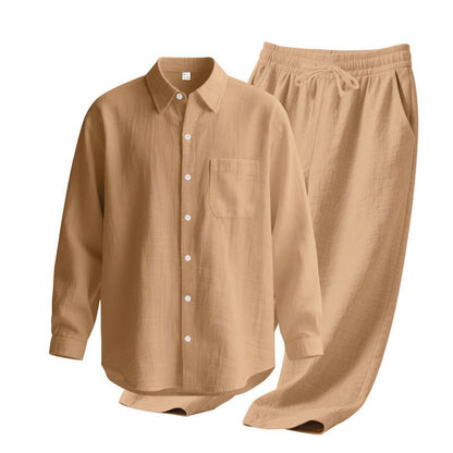 Linen solid color lapel buckle casual long sleeved pants men's suit - UrbanNest Co