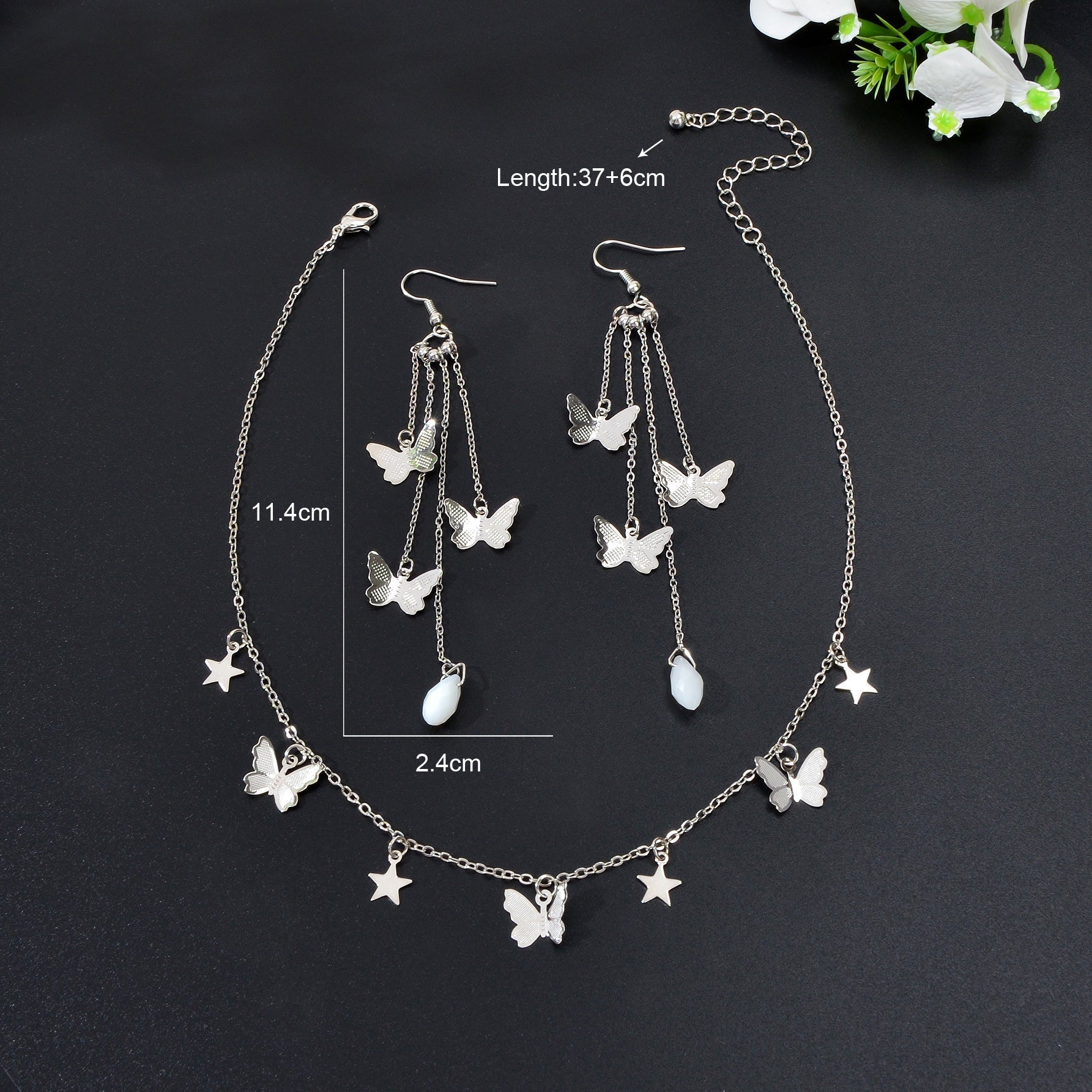 Silvery Chain Star Butterfly Charm Necklace Long Chain Tassel Butterfly Earrings Party Jewelry set - UrbanNest Co