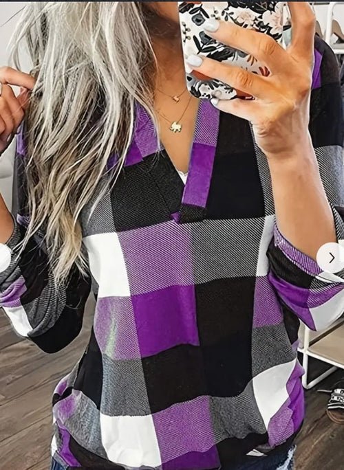 Stylish Plaid Flannel Shirt - Soft Long Sleeve V - Neck Top With Relaxed - UrbanNest Co