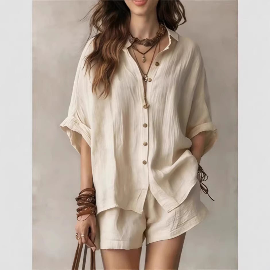 Women's wear 2026 solid color loose button - down shirt and shorts casual - UrbanNest Co