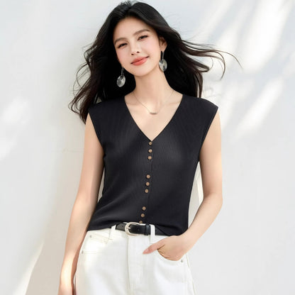 V - neck Knit Sleeveless Top for Women Single - Button Front, Lightweight Fitted Blouse, Slimming Vest - UrbanNest Co