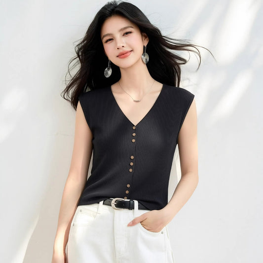 V - neck Knit Sleeveless Top for Women Single - Button Front, Lightweight Fitted Blouse, Slimming Vest - UrbanNest Co