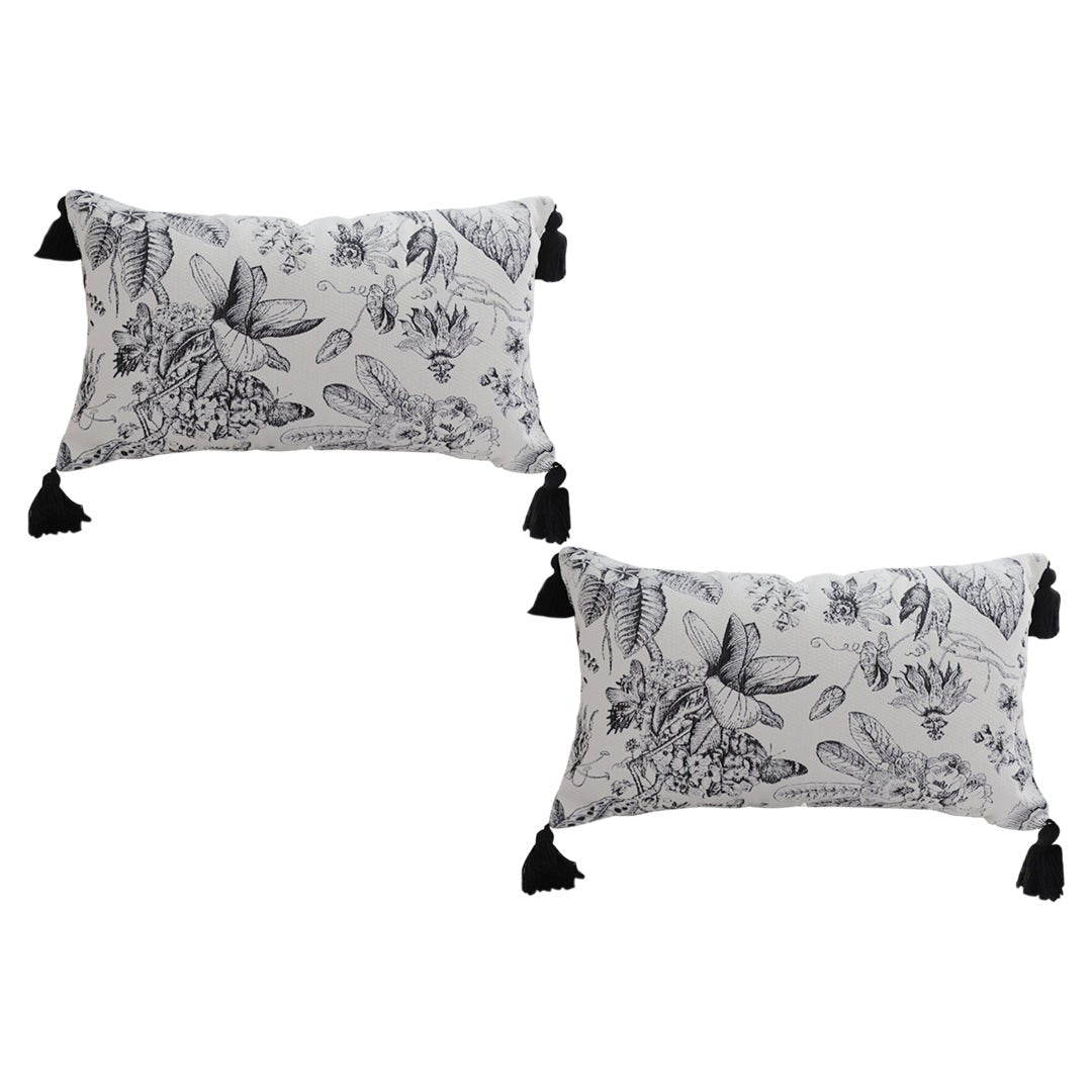 SOGA 2X 35cm Throw Pillow Black and White Floral Print Elegant with Tassel Accents Home Decor - UrbanNest Co