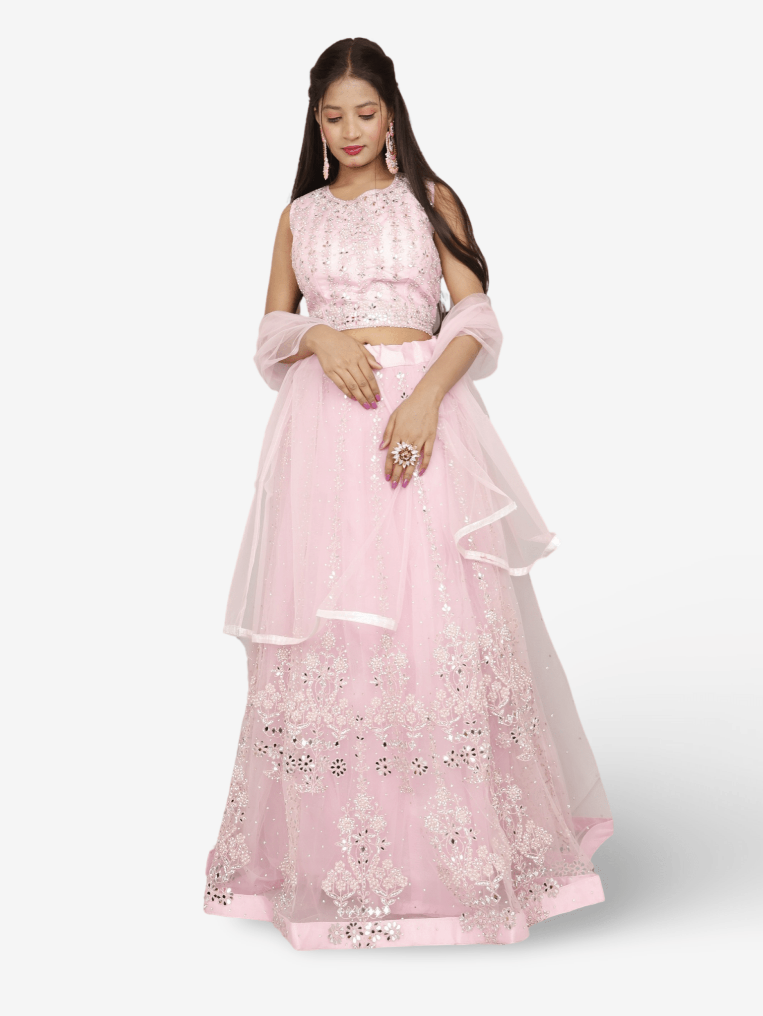Beautiful mirror and stone work on this pink lehenga set for women by Shreekama - UrbanNest Co