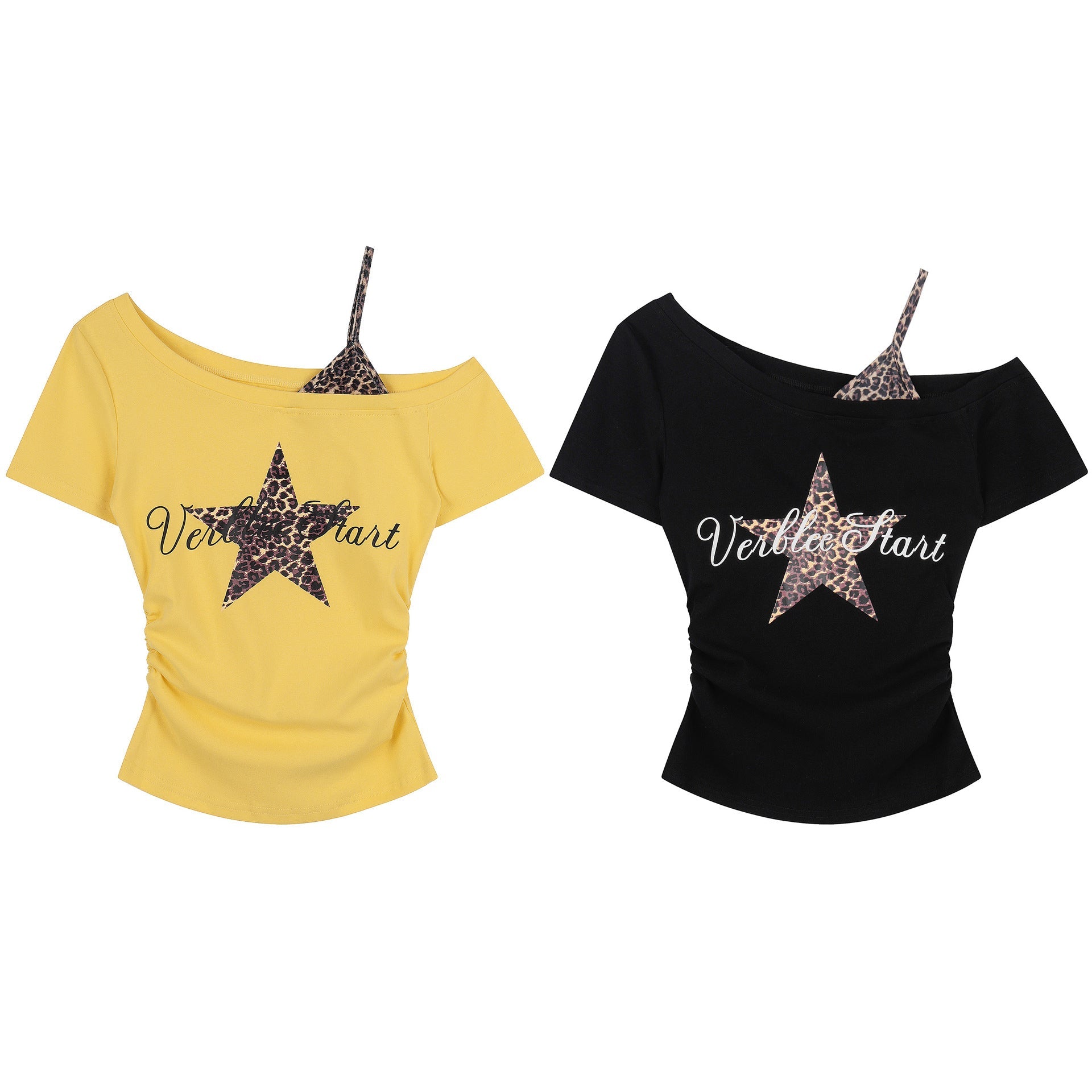 Leopard Print Star Pattern Off - Shoulder T-Shirt , Summer Fitted Slimming Sleeveless False Two - Piece Short Sleeve Top - UrbanNest Co