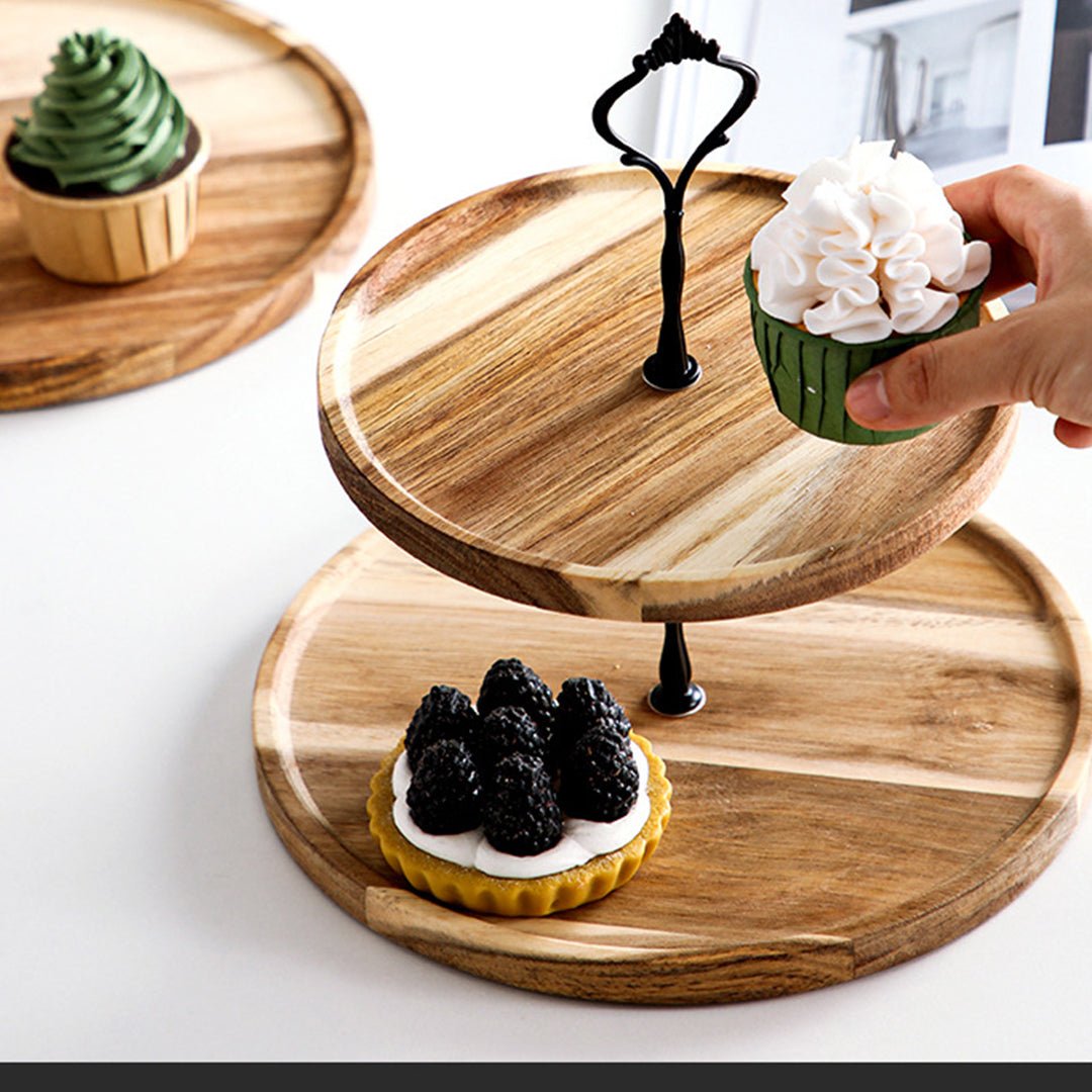 SOGA 2X 15cm 2 Tier Brown Round Wooden Acacia Dessert Tray Cake Snacks Cupcake Stand Buffet Serving Countertop Decor - UrbanNest Co