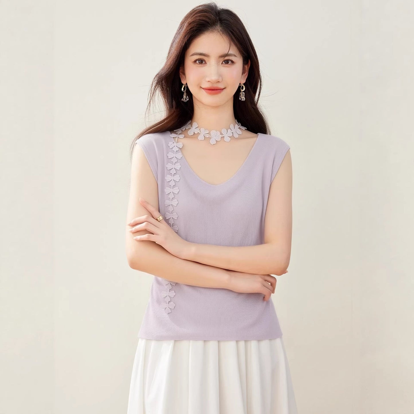 Clothing Decorative Sleeveless Vest Women Summer Inner Wear Plus Size Slim Fit Versatile Knit Top Purple Underwear - UrbanNest Co