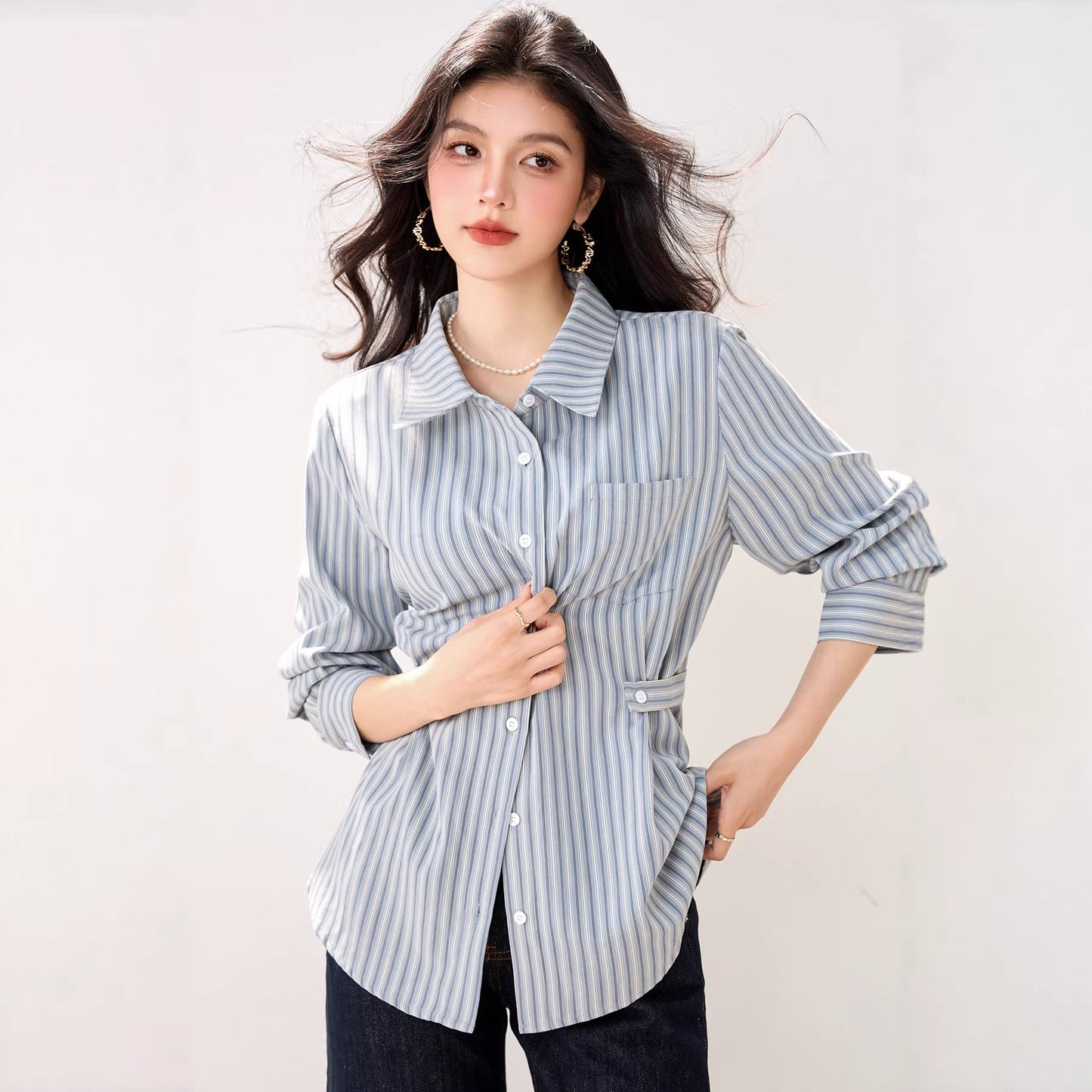 Blue Striped Polo Neck Shirt for Women Long Sleeve, Casual Design - UrbanNest Co