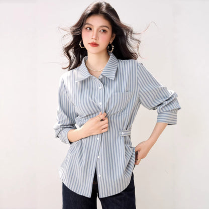 Blue Striped Polo Neck Shirt for Women Long Sleeve, Casual Design - UrbanNest Co