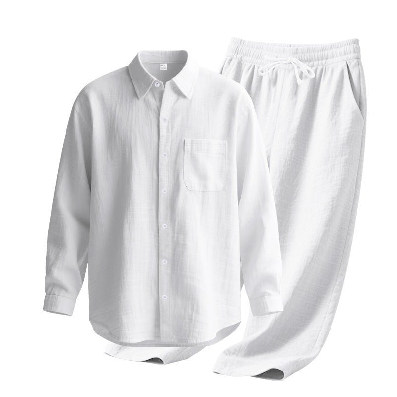 Linen solid color lapel buckle casual long sleeved pants men's suit - UrbanNest Co