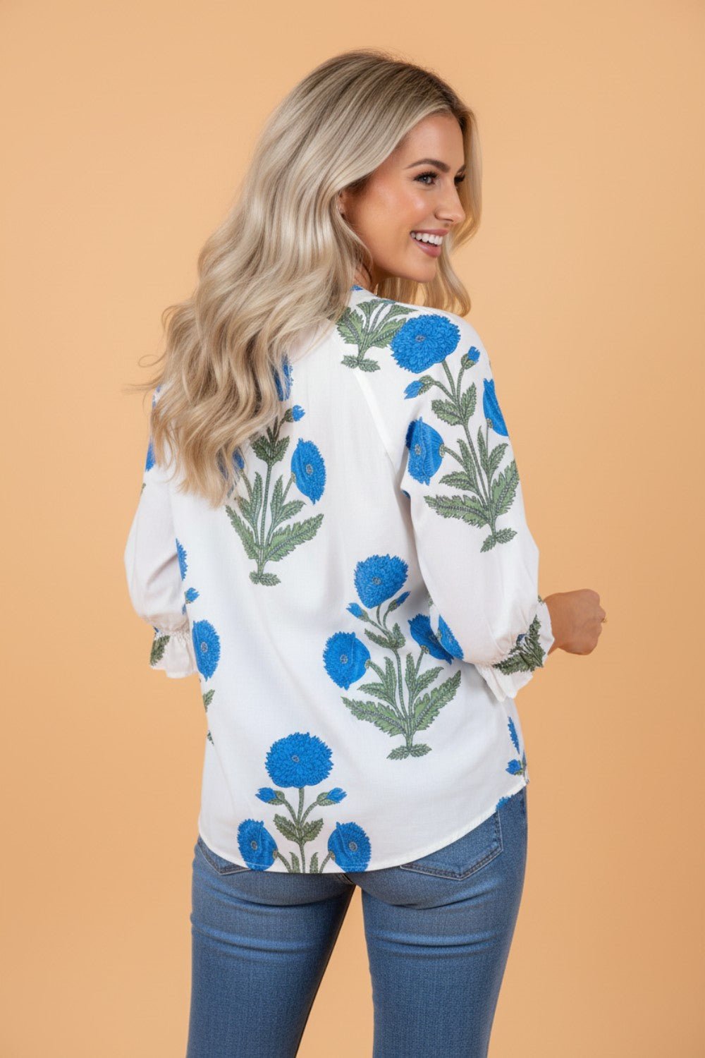 Flower Contrast V - Neck 3/4 Sleeve Blouse - UrbanNest Co