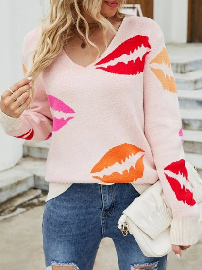 Colorful Lips V - Neck Sweater - UrbanNest Co