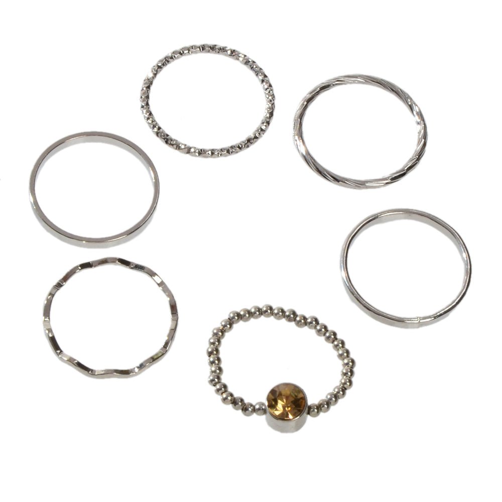 Stackable 6 pcs Rhinestone Decor Silver Finger Ring set Multiple Rings Bulk Pack - UrbanNest Co