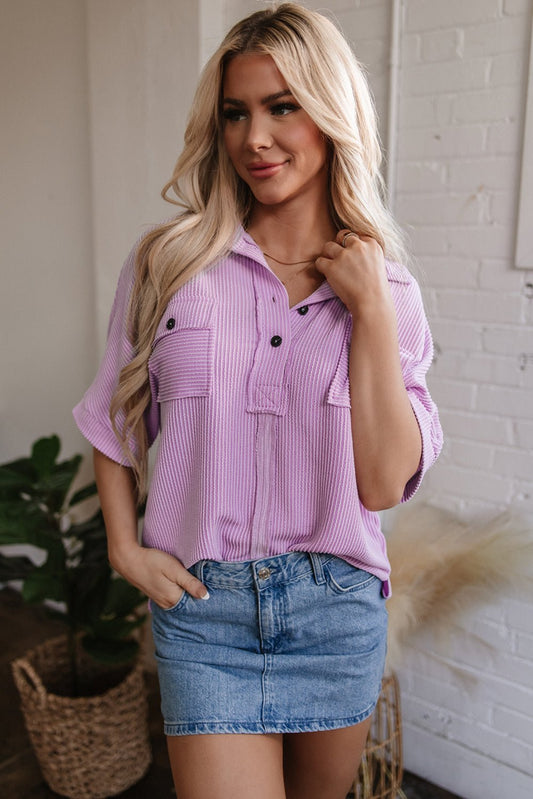 Kyla Flap Pocket Collared Buttoned Short Sleeve Blouse - UrbanNest Co