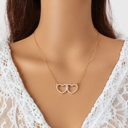 Elegant Gift Anniversary Jewellery Gold Chain Pearl Double Heart Charm Necklace - UrbanNest Co