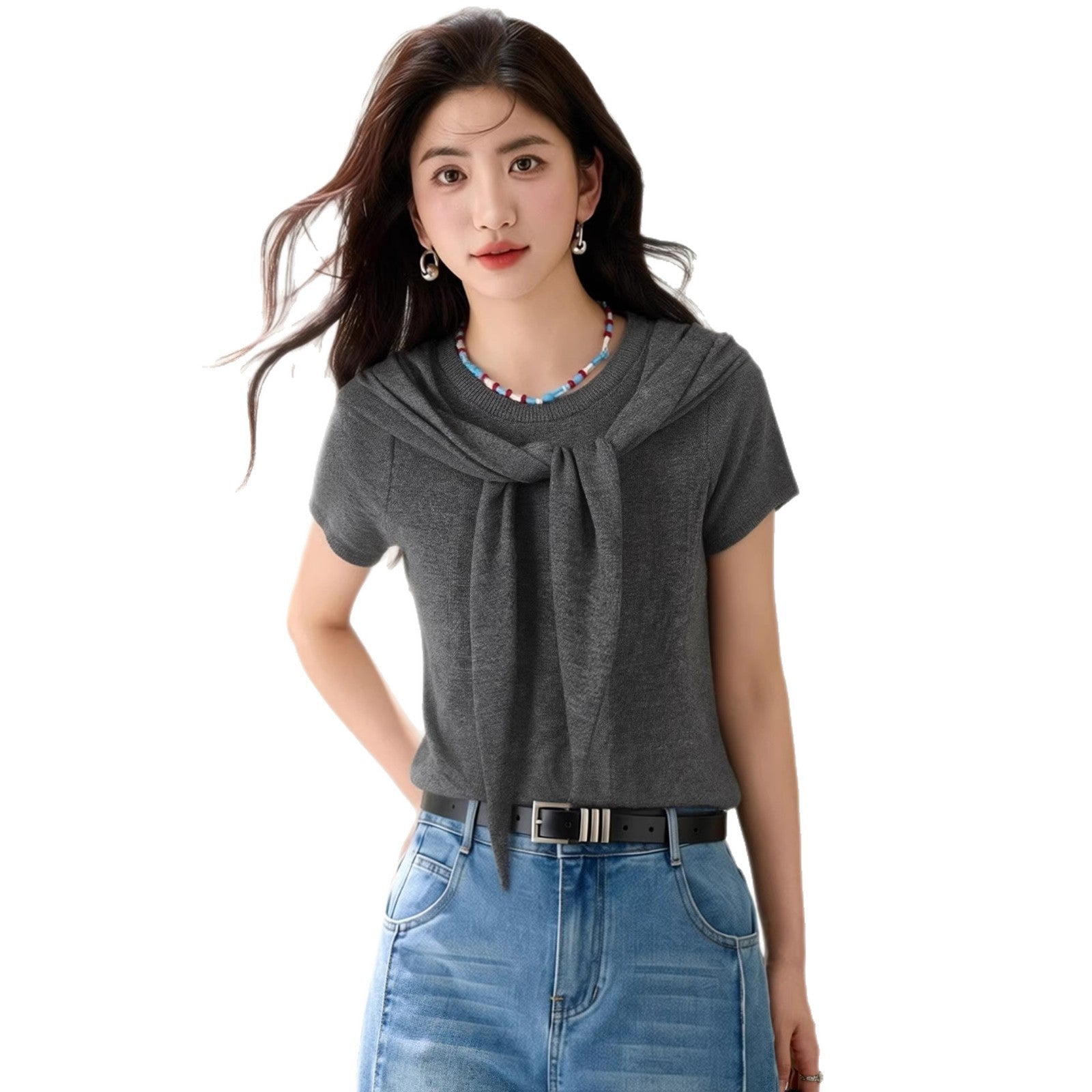 Two - piece Shoulder Cover Short Sleeve T-shirt for Women Elegant and Mature Style Summer Top - UrbanNest Co