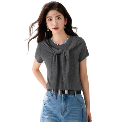 Two - piece Shoulder Cover Short Sleeve T-shirt for Women Elegant and Mature Style Summer Top - UrbanNest Co