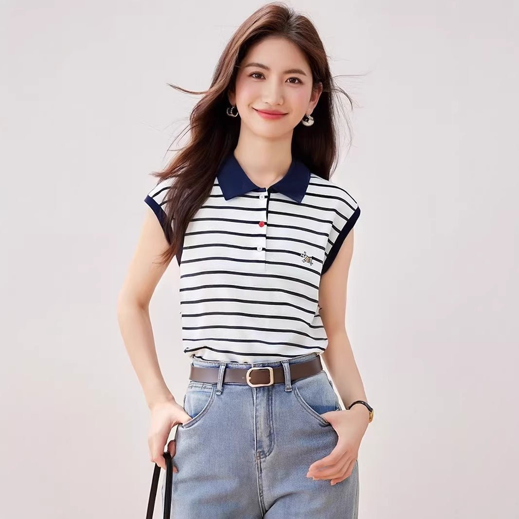 Light Luxury Retro Stripe Short Sleeve T-Shirt for Women, Summer Slim Fit Loose Embroidered Top Fashion - UrbanNest Co