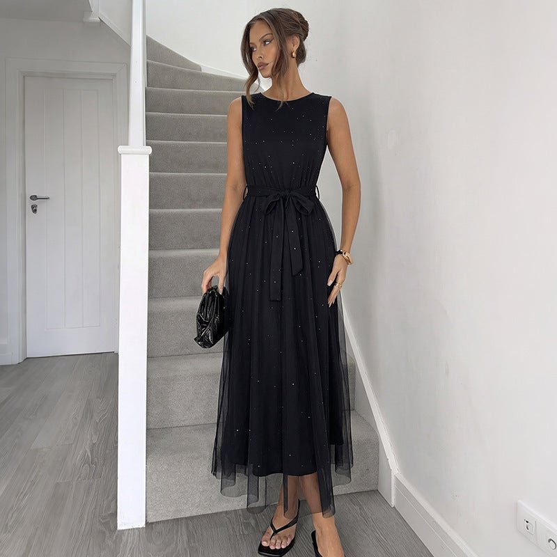 Round Neck Sleeveless Dress, Mesh Splicing Long Dress, Solid Color Belted Evening Dress for Women - UrbanNest Co