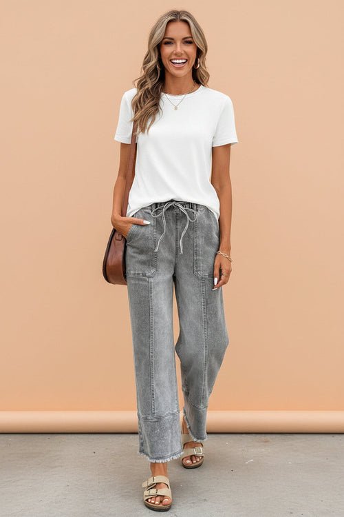 Denim Raw Hem Drawstring Wide Leg Pants - UrbanNest Co