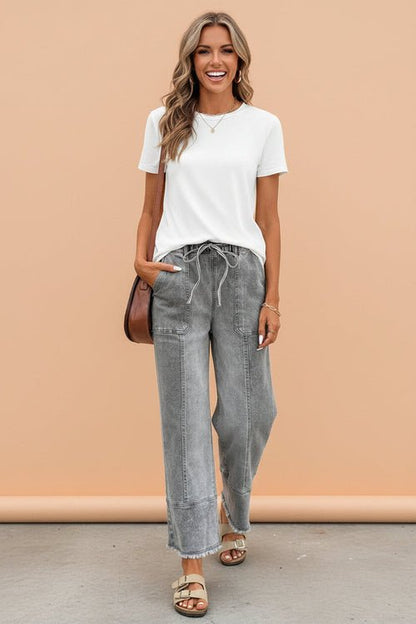 Denim Raw Hem Drawstring Wide Leg Pants - UrbanNest Co