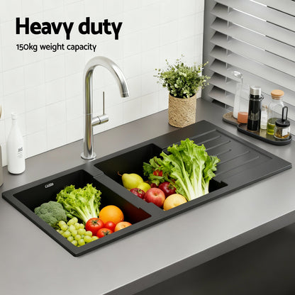 Cefito Kitchen Sink 116x50cm Granite Stone Sink Double Bowl Black - UrbanNest Co