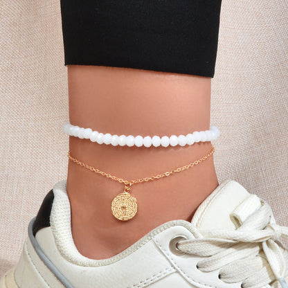 Layered Foot Chain White Beaded Gold Disc Charm Anklet Accessories Foot Jeweller - UrbanNest Co