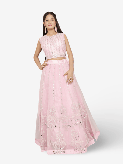 Beautiful mirror and stone work on this pink lehenga set for women by Shreekama - UrbanNest Co