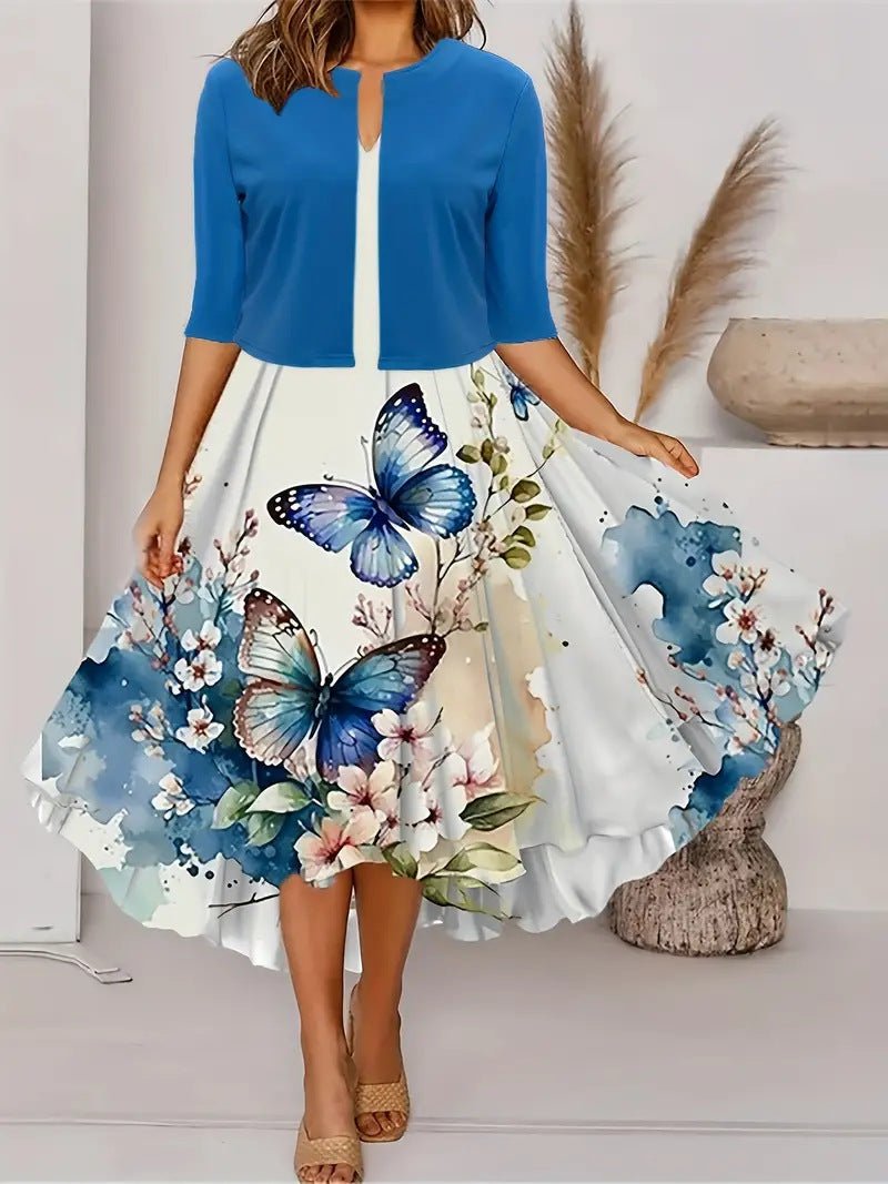 Two - piece long dress with floral and grass print, round neckline - UrbanNest Co