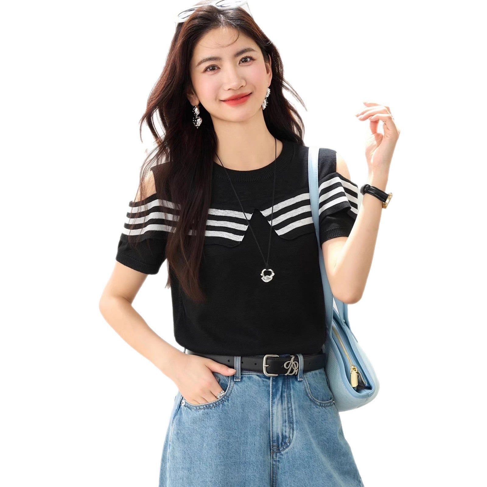Shoulder - Baring Color - Blocking Stripe Design Short Sleeve Knit Top for Women, Slim - Fitting Chic Streetwear Style - UrbanNest Co