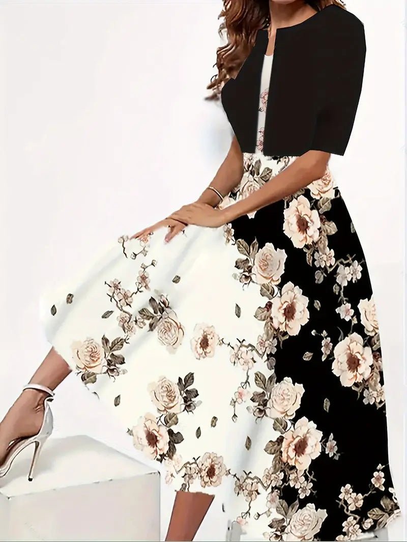 Two - piece long dress with floral and grass print, round neckline - UrbanNest Co
