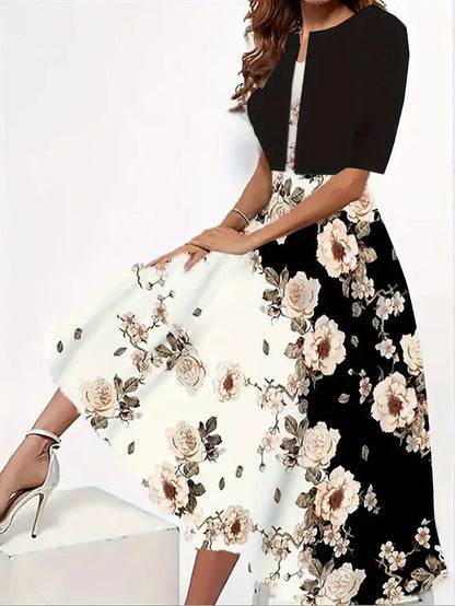Two - piece long dress with floral and grass print, round neckline - UrbanNest Co