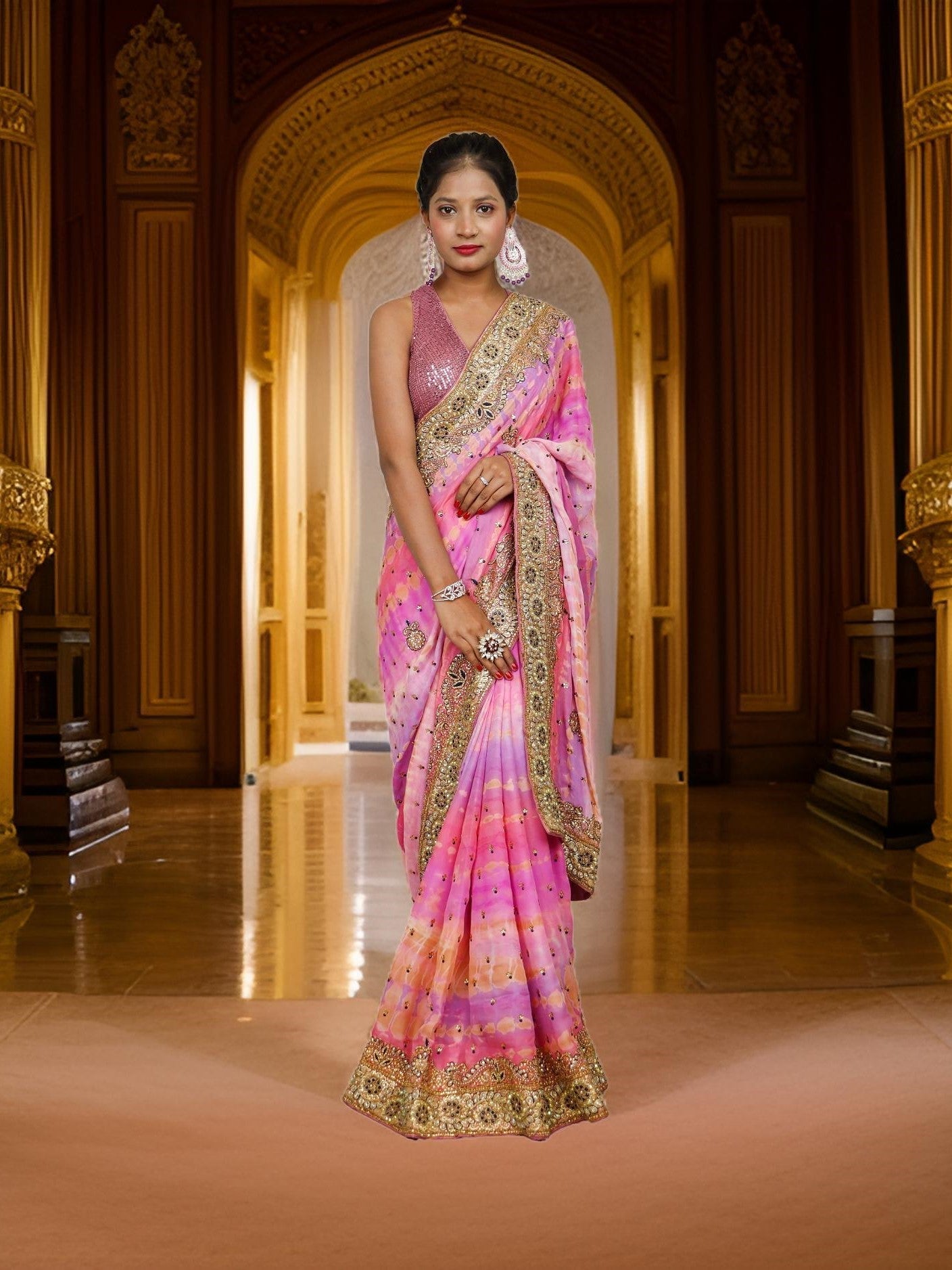 Designer Saree with Kundan & Cut Dana Work by Shreekama - UrbanNest Co