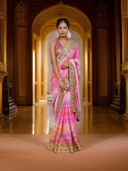 Designer Saree with Kundan & Cut Dana Work by Shreekama - UrbanNest Co
