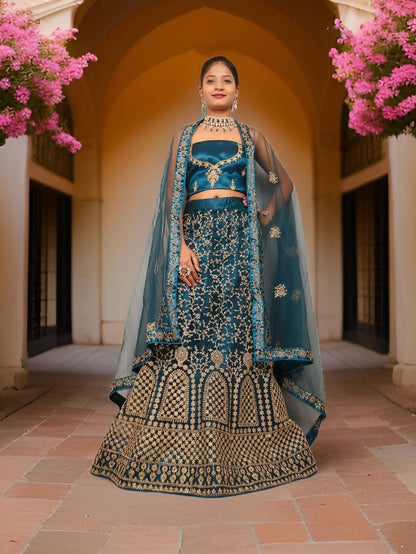 Semi - Stitched Lehenga with Soft Net Fabric & Zari Thread Work by Shreekama - UrbanNest Co