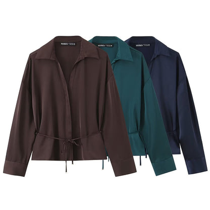 Three color satin thin waistband shirt with belt - UrbanNest Co