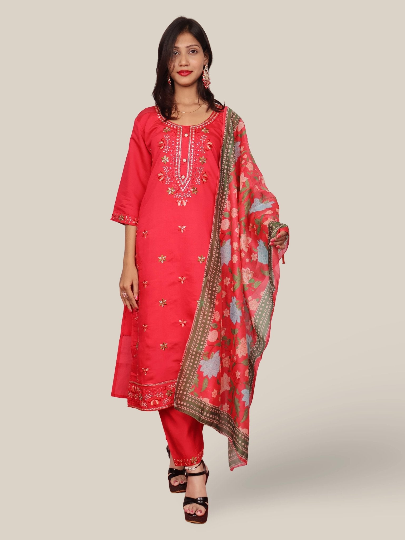 Rayon - Cotton Embroidered Straight Kurti with Pant and Dupatta - UrbanNest Co