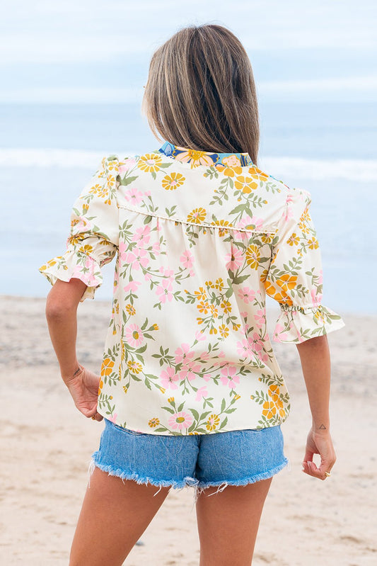 Gwen Crochet V Neck Boho Floral Blouse - UrbanNest Co