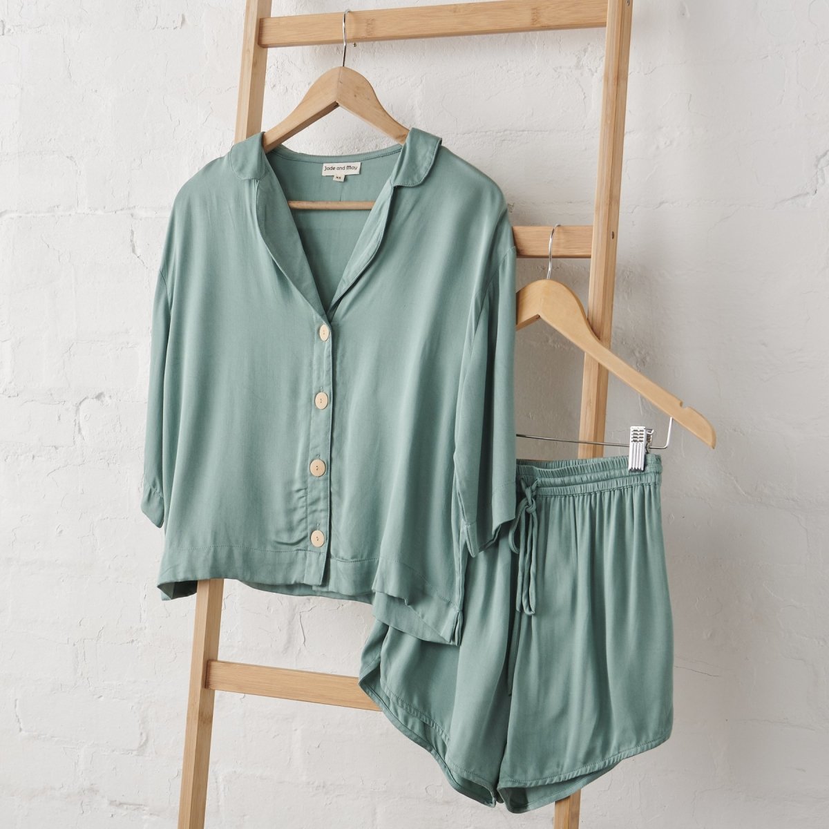 Bamboo Pyjamas - Button Up + Short PJ Set in Sage Green - UrbanNest Co
