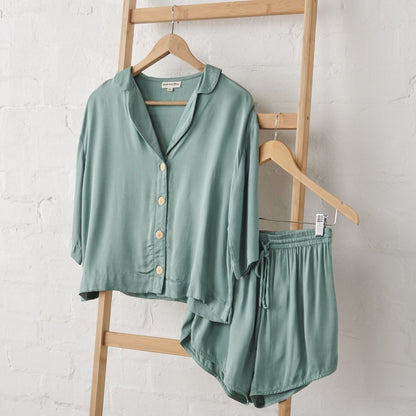 Bamboo Pyjamas - Button Up + Short PJ Set in Sage Green - UrbanNest Co