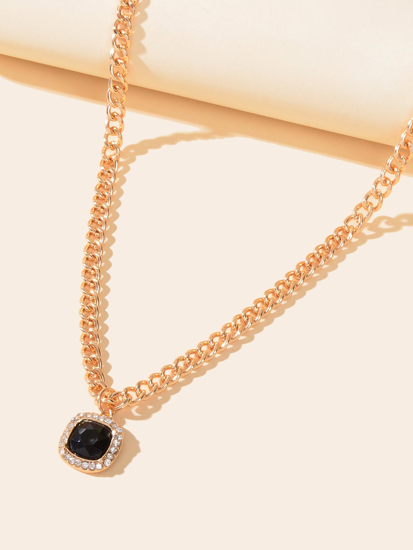 Exquisite Gold Chain Rhinestone Decor Black Square Pendant Women Dinner Necklace - UrbanNest Co