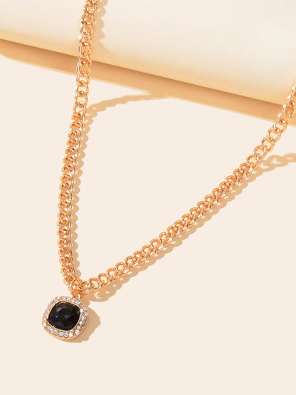 Exquisite Gold Chain Rhinestone Decor Black Square Pendant Women Dinner Necklace - UrbanNest Co