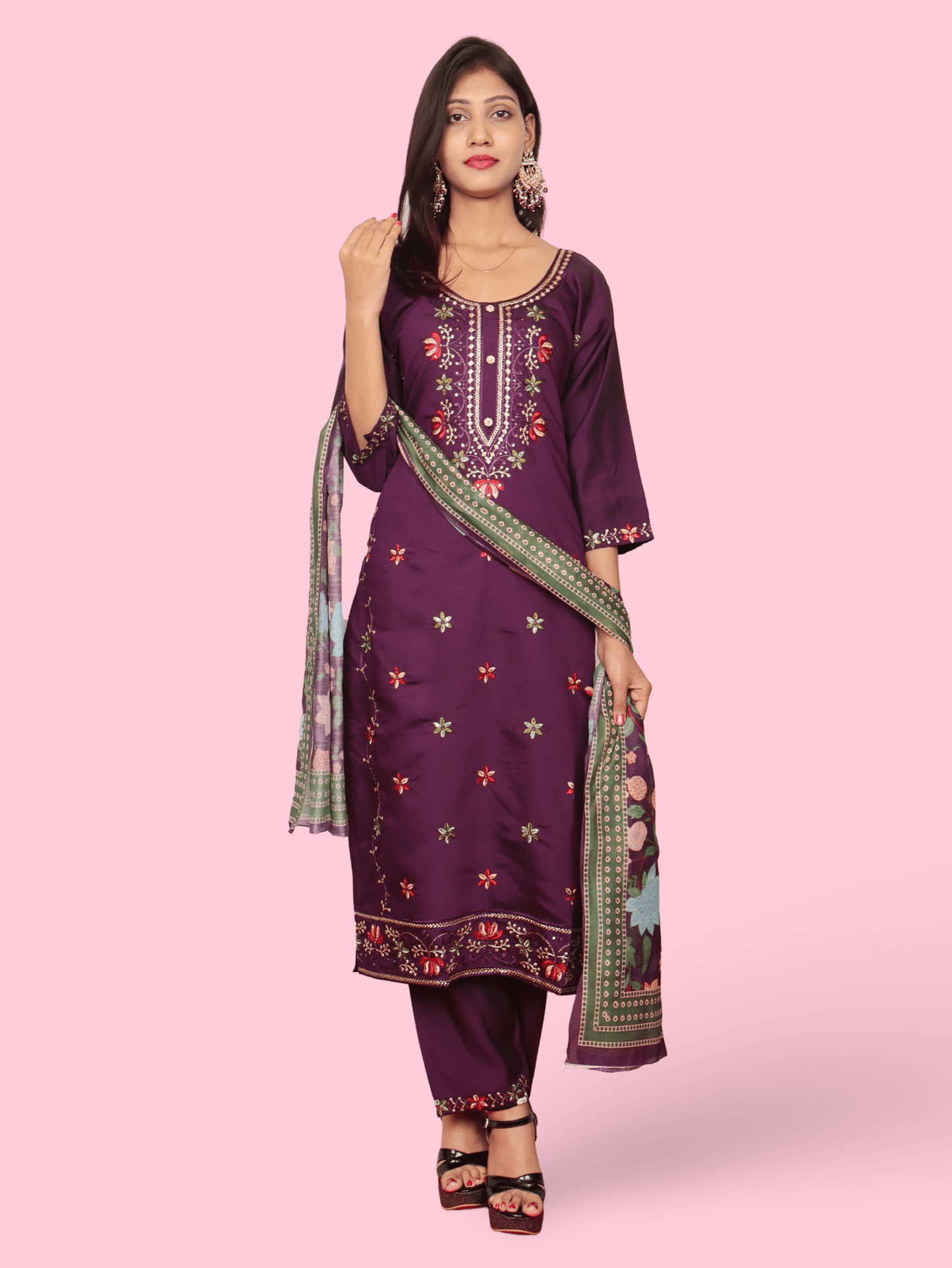 Rayon - Cotton Embroidered Straight Kurti with Pant and Dupatta - UrbanNest Co