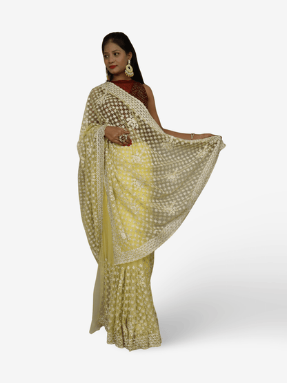 Stunning Lemon Yellow Soft Net Fabric Saree for Women by Shreekama - UrbanNest Co