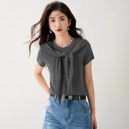 Two - piece Shoulder Cover Short Sleeve T-shirt for Women Elegant and Mature Style Summer Top - UrbanNest Co