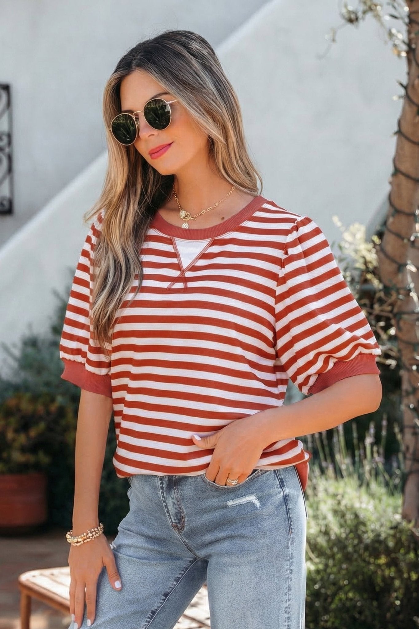Stripe Short Bubble Sleeve T-Shirt - UrbanNest Co