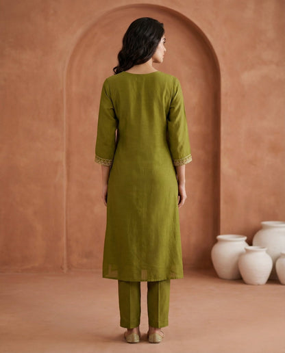 Olive Green Embroidered Kurta Set with Dupatta & Pants | Floral Thread Work - UrbanNest Co