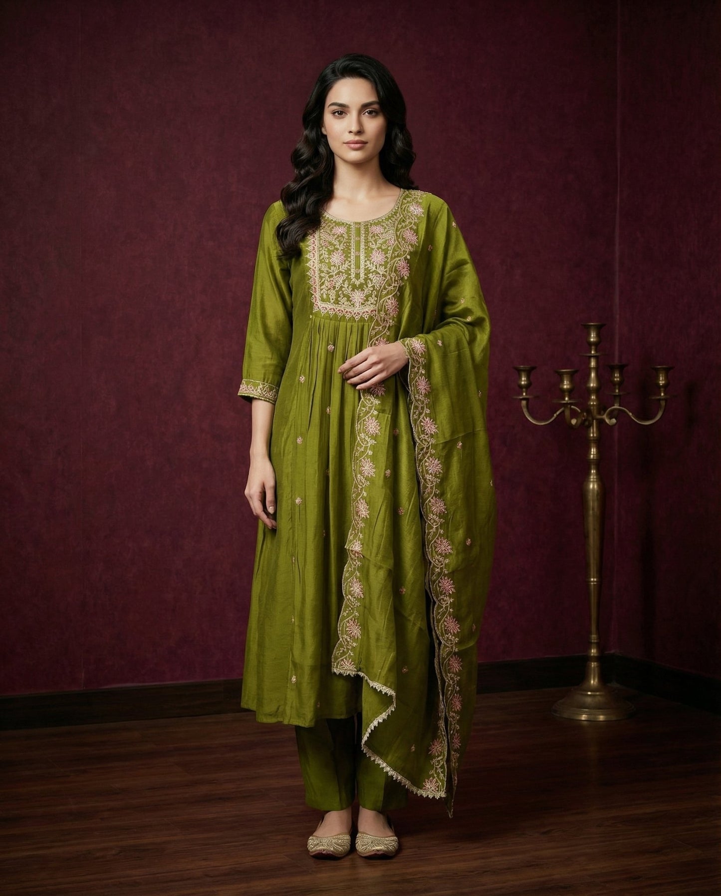 Olive Green Embroidered Kurta Set with Dupatta & Pants | Floral Thread Work - UrbanNest Co