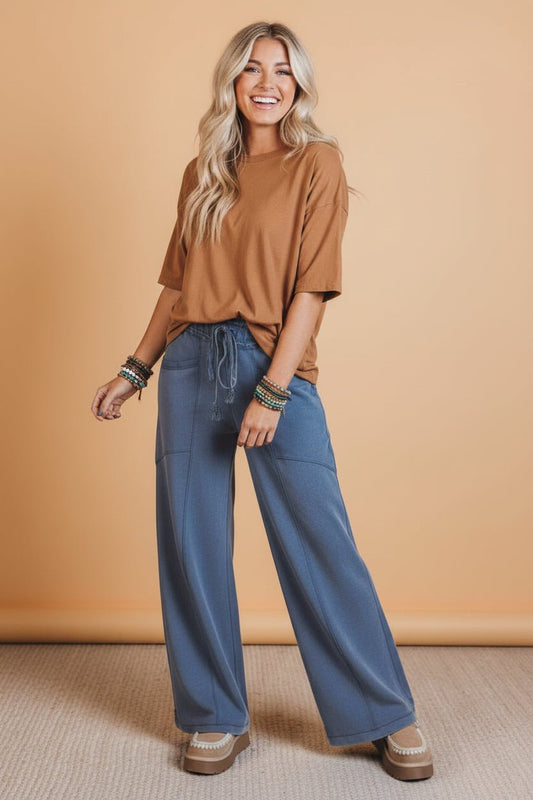 Solid Mineral Wash Drawstring Wide Leg Pants - UrbanNest Co
